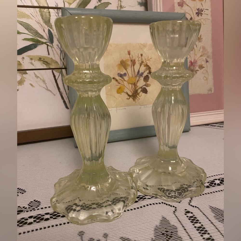 *EUC* Retro Heavy Glass Candle Holders - Soft Clear Yellow - Picture 5 of 6